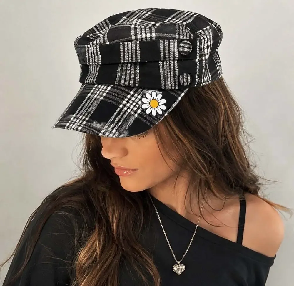 Justice Black and White Plaid Cadet Cap with Daisy Flower Detail